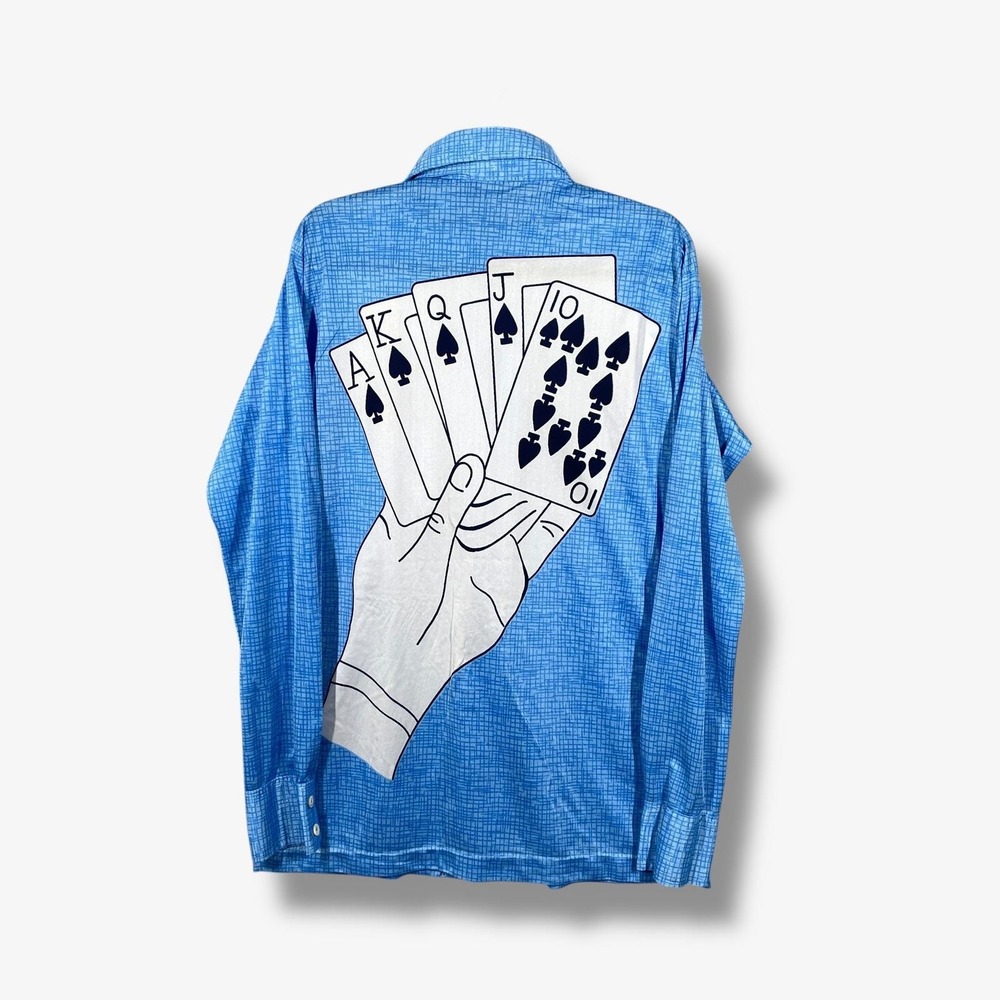 Vintage Button Up Shirt Mens Size M Blue Gambling Casino Dice Poker Cards 70s